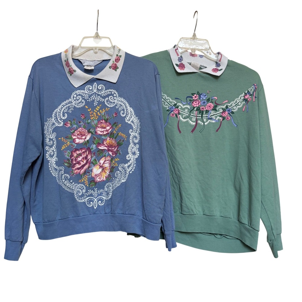 Vintage Blair Floral‎ Collared Sweatshirt Bundle Blue Green Women XL Made in USA